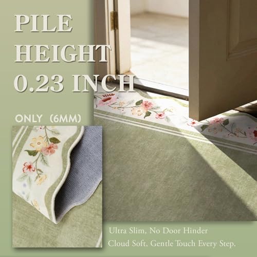 Lahome Floral 2x3 Rug, Green Kitchen Rugs Ultra-Thin Washable Indoor Mats for Entryway Non-Slip, Boho Scalloped Stain Resistant Small Throw Rugs for Bathroom Bedroom Ariele（Green）