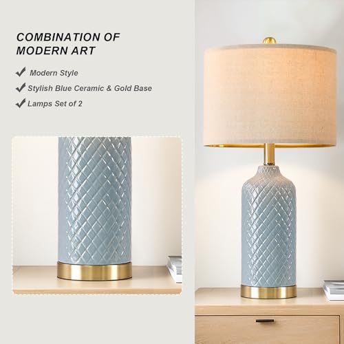 24.25" Modern Ceramic Blue Table Lamps Set of 2 for Living Room Bedroom Bedside Table Lamp for Night Stands Boho Nightstand Lamp Coastal Side End Table Lamps Reading Light Home Office Dorm Deco Gifts
