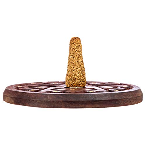Pentagram Incense Holder - Handcrafted Incense Burner fits 15 Incense Sticks and 1 Incense Cone - Carved Wood, Brass Holders - 5 Inches Wide