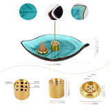 Incense Holder for Sticks (9 Holes) and Cones, Handmade Ceramic Incense Ash Catcher for Meditation, Yoga, SPA Days, Relaxing, Home Decor, Candle Holder, Easy to Clean, Leaf-Shape (Blue)