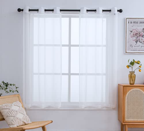 PI White Sheer Curtains 63 Inch Length with Grommet Top,Short Voile Textured Sheer Curtain for Kitchen/Dining Room/Living Room 2 Panels (W42 X L63, Optical White)