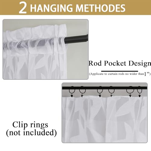 Gwine White Sheer Curtains 63 Inch Length 2 Panels Set, Light Filtering Leaf Jacquard Textured Soft Airy Living Room Bedroom Curtains, Elegant Rod Pocket Farmhouse Curtain, 42Wx63L Inches, 2PCS