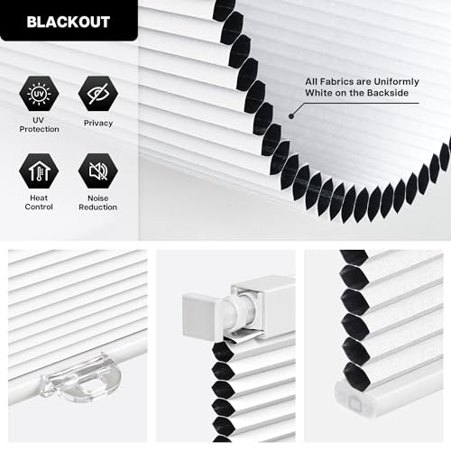 LazBlinds Cordless Cellular Shades, No Tools No Drill Blackout Honeycomb Shades Pleated Blinds for Windows, 35'' W x 48'' H, Silver White