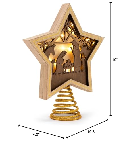 DEMDACO Lit Star Nativity Tree Topper - Glowing Gold Accented Wooden Star for Beautiful Holiday Charm - Christmas Tree Topper - Warm LED Shadow Box - Cutout Nativity Scene