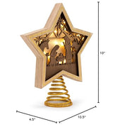 DEMDACO Lit Star Nativity Tree Topper - Glowing Gold Accented Wooden Star for Beautiful Holiday Charm - Christmas Tree Topper - Warm LED Shadow Box - Cutout Nativity Scene
