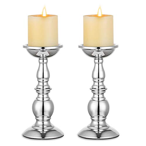 Nuptio Silver Pillar Candle Holders, Wedding Centerpieces Metal Candle Holder for 3 inches Candles Stand Decoration Ideal for Weddings Special Events Parties Living Room, 2 Pcs