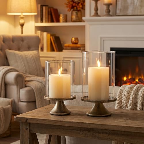 Set of 2 Hurricane Candle Holder Set with Glass Dome & Iron Base – Elegant Decorative Pillar Candle Holders for Living Room, Dining Room & Bedroom Centerpiece - Ideal Home Décor