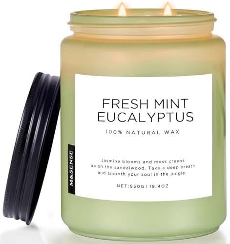 M&SENSE Eucalyptus & Mint Scented Jar Candle, Large 19.4oz Natural Soy Wax, 110-Hour Long Lasting Non-Toxic Clean Burning, Fresh Smelling Home Aromatherapy for Spa Stress Relief, Gifts for Men Women
