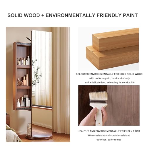 4-in-1 Full Length Mirror with Jewelry Cabinet, Makeup Organizer & Coat Rack - 360° Rotating Wood Floor Mirror, Space-Saving Dressing Mirror for Bedroom & Entryway
