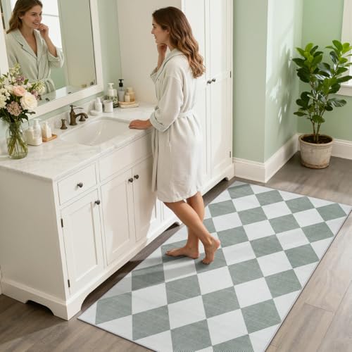 Checkered Print 3x5 Washable Rug for Entryway, Non Slip Soft Small Bedroom Rug 3x5 Ultra Thin Moroccan Bathrooom Decor, Gingham Plaid Carpet for Laundry Entry Kitchen Nursery (Green/White)