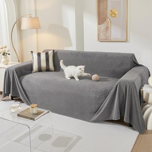 MEETSKY Couch Cover for 3 Cushion Couch Cat Scratch Proof Sofa Covers Washable Couch Protector Sectional Couch Covers for Dogs Soft Couch Cover Blanket Sofa Slipcover for Pets Kids, 91" x 134", Grey