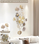 Clocks for Living Room, Large Wall Clock, 3D Silent Wall Clock, Retro Metal Ginkgo Leaf Design, for Bedroom Kitchen Decorative Wall Clocks（32''x18'' ）