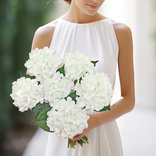 6PCS White Hydrangea Artificial Flowers, Bulk Silk Fake Flower with Stems, Faux Hydrangeas Bouquets for Home Décor, Wedding, Party, and Office Table Centerpieces.
