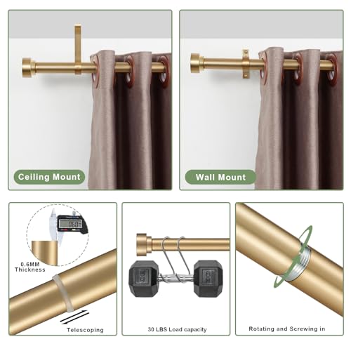 16-150 Inch Curtain rods, 1 Inch Diameter Splicing and Telescoping Structure Window Treatment Rods Set Adjustable Drapery Rods Heavy Duty Pole, Warm Gold