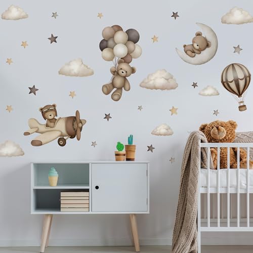 Teddy Bear Wall Decals - Cartoon Bear Air Balloon Star Moon Cloud Wall Stickers for Kids Room Girls and Boys Bedroom Baby Room Nursery Decoration (Coffee Brown Bear Wall Decal)