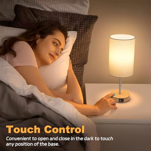 Table Lamp for Bedroom, 3 Way Dimmable Touch Lamp with Dual Charging Station, Small Bedside Lamps for Night Stands, Living Room, Office(LED Bulb Included)