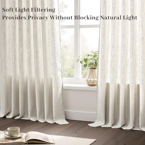Natural Pinch Pleated Linen Curtains 96 Inches Long for Living Room Bedroom Birch Thick Linen Textured Memory Trained Light Filtering Back Tab Pleated Cream Drapes with Hooks Rings 8 FT