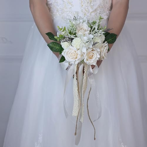 Wedding Bouquets for Bride Bridesmaid,White Champagne Artificial Roses Flowers for Wedding Church Decoration (6.5in)