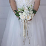 Wedding Bouquets for Bride Bridesmaid,White Champagne Artificial Roses Flowers for Wedding Church Decoration (6.5in)