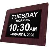 American Lifetime, New Version, Day Clock Extra Large Impaired Vision Digital Clock with Battery Backup and 5 Alarm Options, Premium Mahogany Color, 8 inch