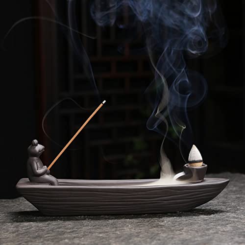 ChangWanna Frog Incense Holder Waterfall - Ceramic Cone Backflow Incense Burner Smoke Fountain, Back Flowing Incense Diffuser with 45 Sticks & 12 Cones, Frog Ornament for Aromatherapy/Yoga/Home Decor