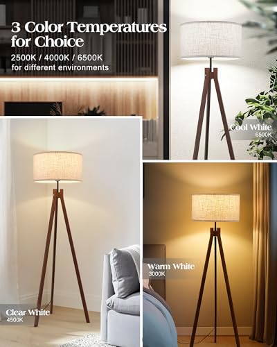 Wood Tripod Floor Lamp, Mid Century Reading Standing Lamp with 3 Color Temperatures & Linen Shade, Modern Night Light for Bedroom, Farmhouse, Living Room, Office, 9W LED Bulb Included, Brown