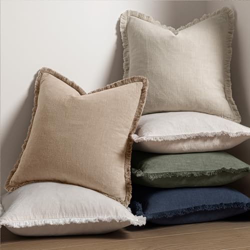 MIULEE Boho Linen Fringe Decorative Euro Throw Pillow Covers Camel 26x26