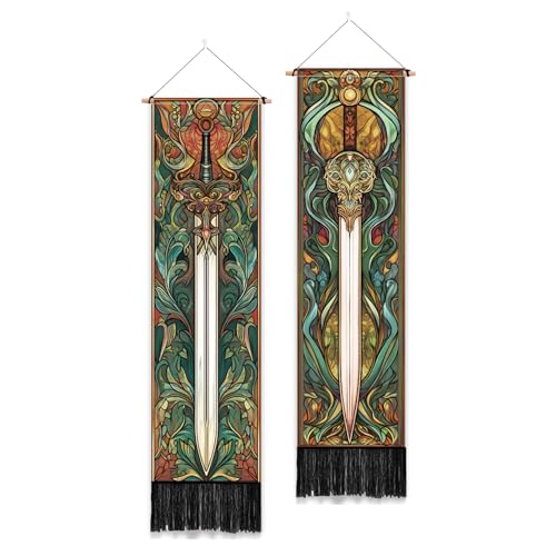PLIGREAT 2 Pack Fantasy Weapons Vertical Tapestry Swords Aesthetic Wall Hanging for Bedroom Bathroom Living Room Vintage Long Narrow Wall Hanging Dorm Room Home Art Decor