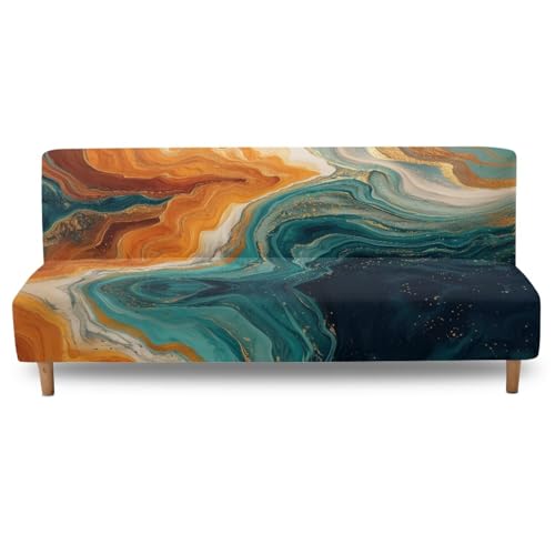 Marble Print Orange Cyan Armless Futon Cover Futon Mattress Covers Soft Elastic Dustproof Couch Slipcover Washable Sofa Bed Protector with Elastic Bottom