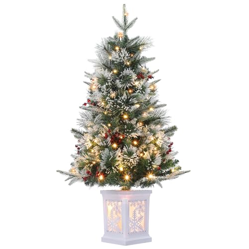3 Ft Pre-Lit Christmas Tree, Artificial Christmas Trees with Lighting Snowflake Base, Snow Flocked Xmas Trees with 70 LED Lights, Battery Operated and Timer Function, Christmas Decoration for Home