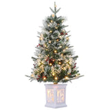 3 Ft Pre-Lit Christmas Tree, Artificial Christmas Trees with Lighting Snowflake Base, Snow Flocked Xmas Trees with 70 LED Lights, Battery Operated and Timer Function, Christmas Decoration for Home