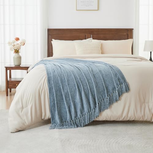 CozeCube Chenille Throw Blanket for Couch, Cozy Plush Fuzzy Decorative Dusty Blue Blanket with Fringe Tassels, Lightweight Throws for Bed Sofa Gift Home Decor, 50"X60"