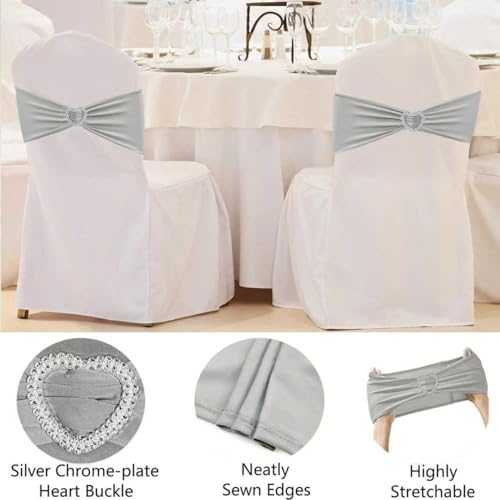 Silver Grey Chair Sashes 50 Pack Spandex Grey Sashes for Chairs Covers Universal Stretch Chair Sashes Band with Heart Buckle Slider for Wedding Banquet Party Decorations