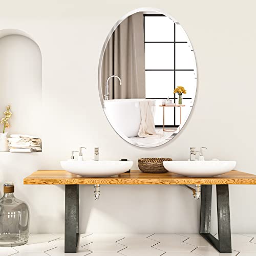 Frameless Oval Bathroom Mirror, 20x28 Inch Beveled Edge Vanity Wall Mirror for Over Sink, Modern Decorative Mirror for Bathroom, Bedroom, Entryway