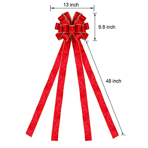 Lulu Home Christmas Tree Topper, 48" x 13" Red Large Velvet Bow with Long Streamers, Wired Edge Decorative Bow for Wreath Door Holiday Party Festival Xmas Decoration Supplies