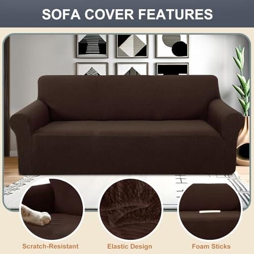 Stretch Couch Cover Washable Sofa Slipcover Furniture Protector with Non Skid Foam and Elastic Bottom for Kids, Dog(Large/Chocolate)