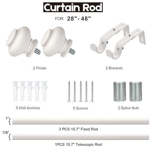 SIMEWIN White Curtain Rods for Windows 28 to 48 Inches Adjustable Decorative 1 Inch Diameter Single Window Curtain Rod Set with Classic Finials, White Finishing