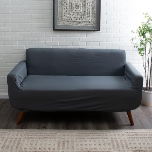 Home Details Stretch Pique Loveseat Slipcover Gray Color | Furniture Protector | 2 Cushion Couch Cover