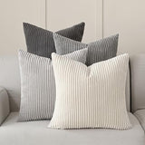 Volcanics Set of 4 Neutral Grey Corduroy Decorative Couch Throw Pillow Covers 18x18 Inch, Western Modern Farmhouse Striped Cushion Cases, Soft Boho Square Accent Pillow Covers for Home Sofa