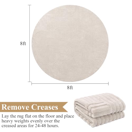 SHACOS Soft Cozy Fluffy Arch High Low Pile Round Rug 8ft Non Slip Washable Scandi Minimalist Circle Area Rug Modern Geometric Carpet for Living Room Bedroom Dining Room Kitchen, Beige