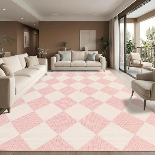 GarveeHome Large Area Rug 9x12 Pink Living Room Checkered Washable Rug