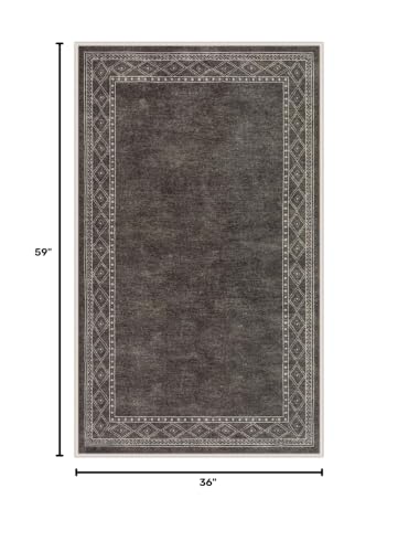 Lahome Modern Bordered Machine Washable Rug, Ultra-Thin Soft 3x5 Rugs for Entryway Bedroom, Non-Slip Stain Resistant Small Carpet for Laundry Entry（3'x 5',Brown