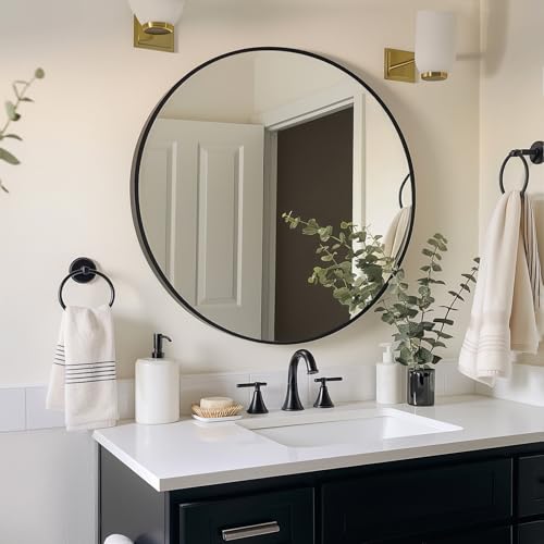 Sunniry Black Round Mirror, Round Mirror 24 inch, Black Circle Mirrors Matte Metal Frame, Wall Mounted Mirrors for Living Room, Bathroom, Wall, Entryway.