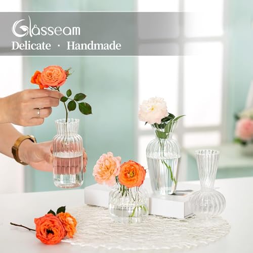 Modern Clear Glass Bud Vase Set: Glasseam 4Pcs Small Mini Flower Centerpieces Vases Handmade DecorativeCute Short Window Corner Home Decor for Wedding Reception Dining Table Single Rose Flowers