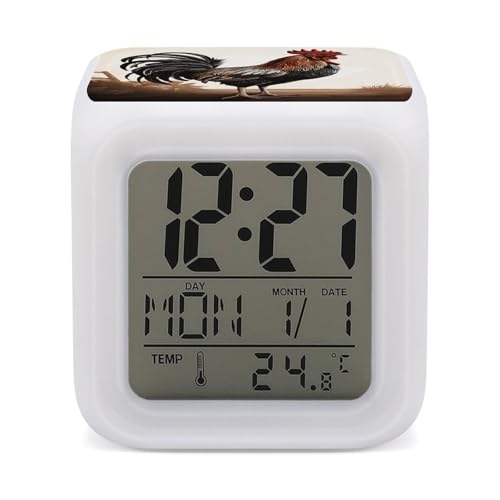 Digital LED Color Change Alarm Clock, Rooster Wake-up Clock with Temperature, Home Decor Alarm Clock with Night Light for Home Bedroom Office