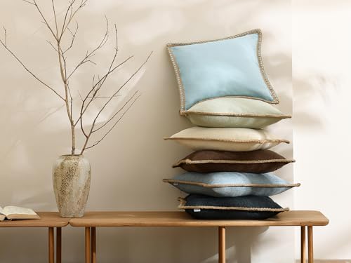 NordECO HOME Set of 2 Farmhouse Throw Pillow Covers - Burlap Linen Trimmed Tailored Edges Decorative Cushion Covers for Bed Home Decoration, 18 x 18, Blue