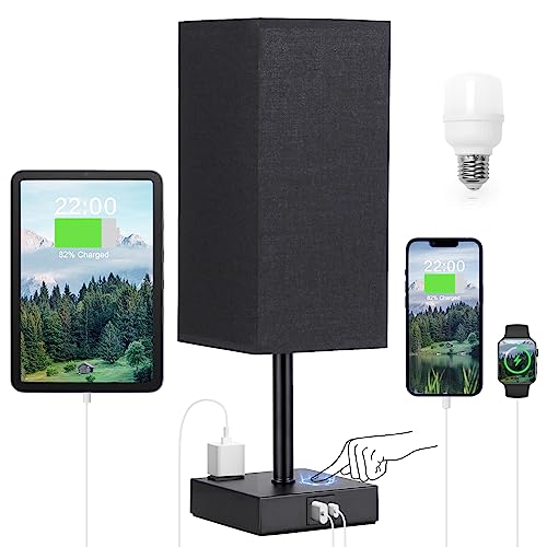 aooshine Black Lamp for Bedroom-Touch Lamp with USB-C+A and AC Outlets,3 Way Bedside Nightstand Square Table Lamp for Kids, Guest Room Living Rroom,Office, 800 Lumens 5000K Daylight Bulbs Included