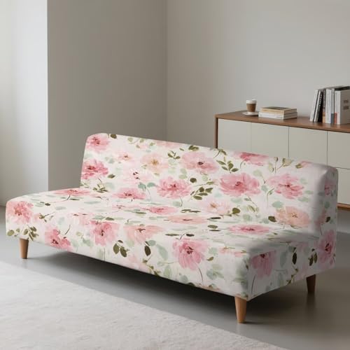 Futon Cover Pink Floral Armless Sofa Cover Stretch Futon Slipcovers for Home Decor Washable Furniture Protector Covers with Elastic Bottom