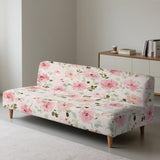 Futon Cover Pink Floral Armless Sofa Cover Stretch Futon Slipcovers for Home Decor Washable Furniture Protector Covers with Elastic Bottom