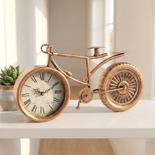 Bicycle Shaped Desk Clock, Vintage Gold Table Clock with Movable Wheels, Silent Non-Ticking Battery Operated Decorative Shelf Clock for Study Room Home Decor Gift for Cyclists Sports Fans